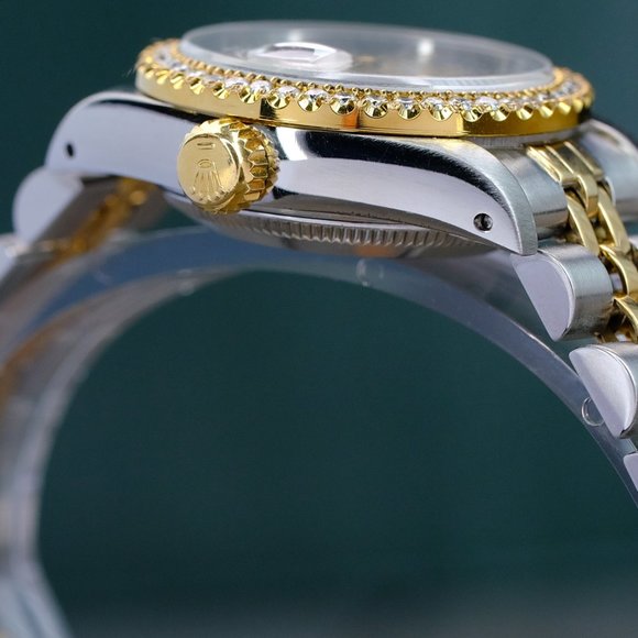 ROLEX LADIES DATEJUST GOLD STEEL CHAMPAGNE LINEN DIAL DIAMOND BEZEL 26MM WATCH main image 4
